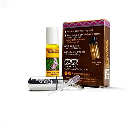 Spikenard Anointing Oil from Israel Boxed Gift Set with Dispenser, Holy Jerusalem Oil & Silver Metal Keychain Bottle Container, Plastic Dropper & Small Glass Vial, Aceite Ungido y Botella