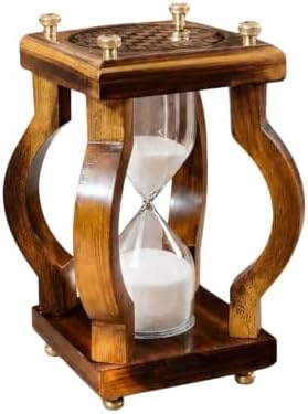 Wooden Hourglass Sand Timer, White Sand, Brass Accents