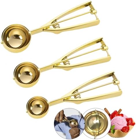 Gold Ice Cream Scoop 304 Stainless Steel Cookie Scoops for Baking Melon Baller with Trigger 3 Sizes (Gold, S/M/L)