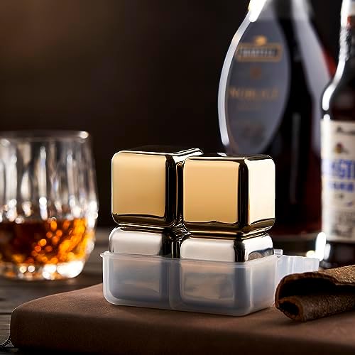 4 Large Whiskey Stones 64 cm³ (4 cu in) - Man Gift Set - Reusable Stainless Steel Metal Ice Sphere Cubes Beverage Chilling Rocks Whiskey Stones for Red Wine, Bar Beer, Scotch, Vodka Drinks - Silver