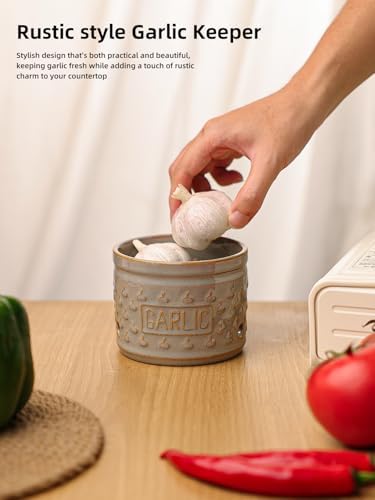 GDCZ Garlic Keeper with Lid, Ceramic Garlic Holder, 4.3 Inch (Grey)