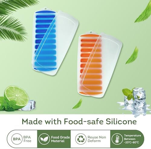 Lily's Home Silicone Ice Cube Tray with Lid Set of 2, BPA-Free, Ideal for Water Bottles & Sports Bottles, Flexible & Stackable Design for Quick Release, Ice Cube Trays for Freezer(11.81"*4.72"*0.95")