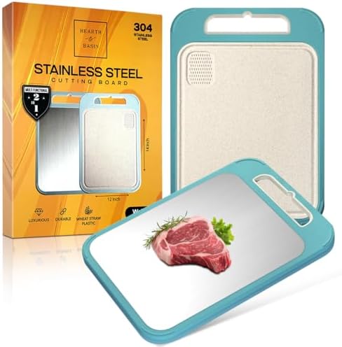 Non Plastic Cutting Board for Kitchen, 14" x 11", Double Sided Wheat Plate Stainless Steel, Scratch Resistant, Juice Groove, Non-Slip, Garlic Grater, Sourced in USA