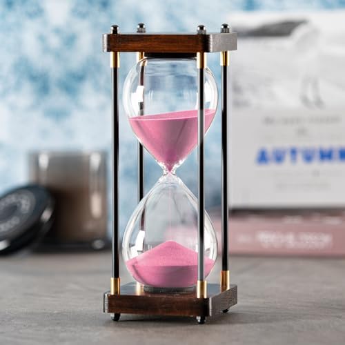 SAMLONG Large Hourglass Timer 60 Minute, Decorative Wood Sand Timer, Pink