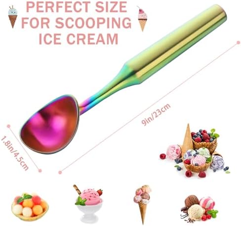 Ice Cream Scoop - Heavy Duty Stainless Steel Icecream Scooper, 9 inches Nonstick Anti-Freeze Ice Cream Scooper for Gelato, Sorbet, Cookie Dough, Melon, Sundae - Dishwasher Safe (Rainbow)