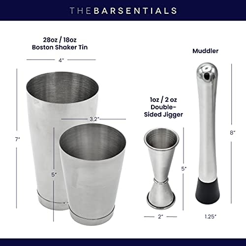 Boston Shaker Set for Cocktails with 28oz and 18oz Weighted Tins, Professional Muddler and Jigger - Stainless Steel Bar Tools (4pc set)