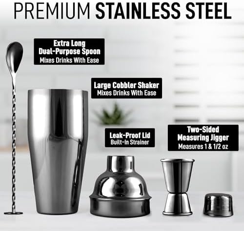 Large 24 oz Stainless Steel Cocktail Shaker Set - Mixed Drink Shaker - Martini Shaker Set with Built in Strainer, Double Sided Jigger & Combo Muddler Mixing Spoon - Pro Margarita Shaker - By Zulay