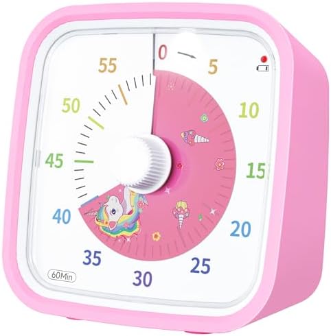Yunbaoit Unicorn Visual Timer for Kids, Silent 60-min Countdown Timer, Pink