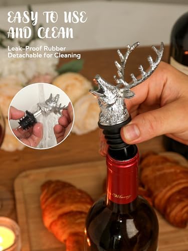 Deer Head Wine Pourer, Liquor Bottle Pour Spout with Leak-Proof Rubber Stopper, Zinc Alloy Metal, Universal Fit for Wine Whiskey Bourbon Olive Oil – Drip-Free Bar Pourer Gift for Men, Parties Holidays