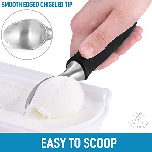 Zulay Heavy Duty Ice Cream Scoop - Stainless Steel Ice Cream Scooper With Non-Slip Rubber Grip - Durable Ice Cream Spade - Anti-Thaw Icecream Scoup For Frozen Ice Cream & Gelato (Black)