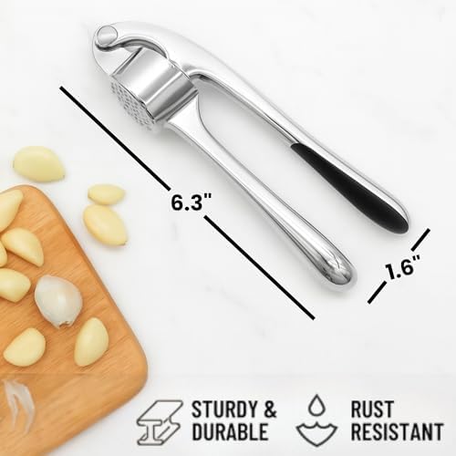 CASAFOYER Stainless Steel Garlic Press, Rustproof Garlic Crusher, Dishwasher Safe, Silver