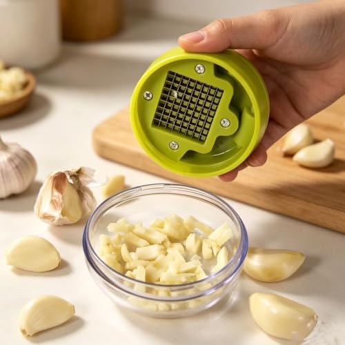 Mini Manual Garlic Twister and Crusher, Handheld Mini Garlic Chopper and Press with Container, Garlic Chopper Dicer Slicer with Stainless Steel Blades，3
