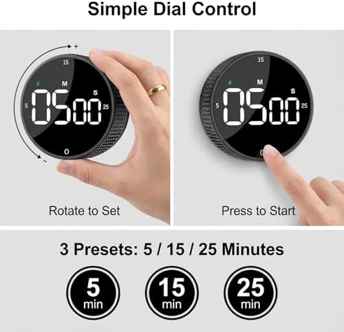 Rechargeable USB-C Digital Kitchen Timer - Magnetic Countdown Countup Visual Pomodoro Timer with Large LED Display, 3-Preset Times, 3 Volume Levels, Ideal for Cooking, Baking and Study