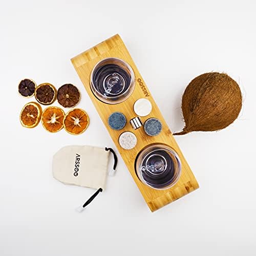 Whiskey Glass & Whiskey Stones Gift Set – 2 10Oz Scotch Bourbon Glasses, 4 Round Chilling Stones, 1 Ice Tong, 2 Coasters, Bamboo Stand & Velvet Bag – Unique Father's Day Birthday Gift for Men