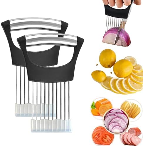 Upgraded Stainless Steel Lemon Slicer Onion Cutter, Onion Holder for Slicing, Vegetable Cutter Kitchen Chopper Slicing Assistant Tool for Potato and Tomato Avocados Eggs Meat (2, Black)