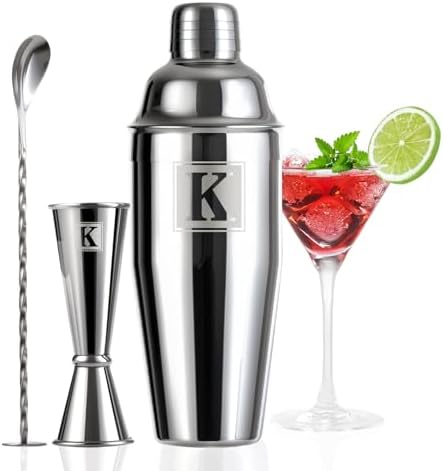 24oz Cocktail Shaker Set with 1 oz 2oz Jigger - Monogramm Initials Martini Shaker Set - 304 Stainless Steel Bar Shaker for Margarita,Mojito-Personalized Gift for Friend,Husband-K