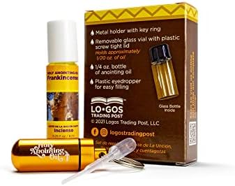Frankincense Anointing Oil from Israel Boxed Gift Set with Dispenser, Holy Jerusalem Oil & Gold Metal Keychain Bottle Container, Plastic Dropper & Small Glass Vial, Aceite Ungido y Botella