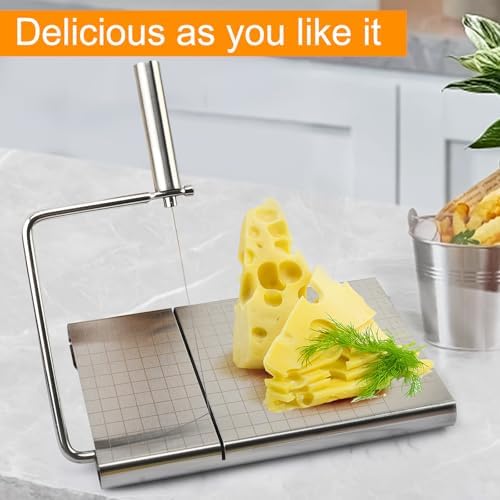 Stainless Steel Cheese Slicer with 5 Replacement Wires，with Measuring Grids，For Block Cheese, Butter, Sausages, Fruits Kitchen Gadget Cheese Cutting Board