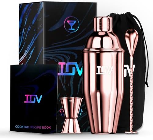 IOV Cocktail Shaker Bar Set, 24oz Martini Shaker with Built-In Strainer, Bar Tool Kit with Recipes Booklet, Professional Stainless Steel Large Bartender Drink Shaker Margarita alcohol Mixer- Rose Gold