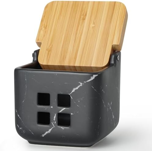 RQYIXI Ceramic Garlic Keeper with Bamboo Lid, Ventilated,Marble Black