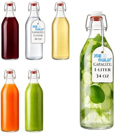 ICE N COLD Glass Swing Top Bottles | Flip Top Glass Bottles for Limoncello, Syrups, Oils, Vinegar, Extracts & Beverages | Airtight Reusable Glass Bottles (6-Pack, LARGE (1L | 34oz))