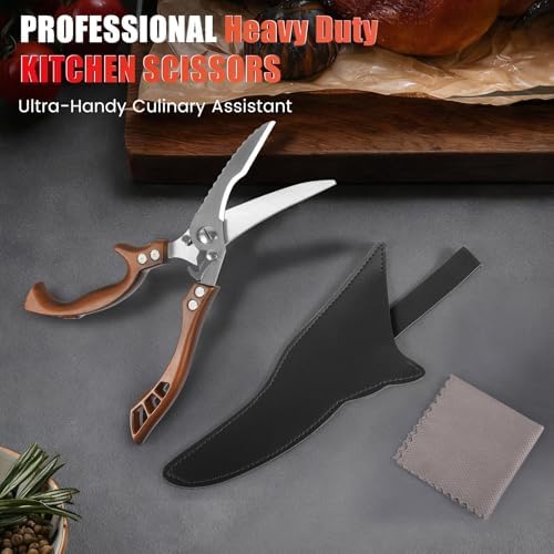 ANDONG Kitchen Scissors, Heavy Duty Professional Poultry Shears, Stainless Steel Spring Loaded, Dishwasher Safe, with Black Leather Sheath
