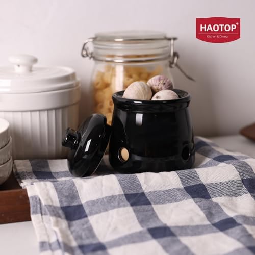 Ceramic Garlic Keeper with Lid, Mini Garlic Saver Container for Countertop, Kitchen Decor (Black)