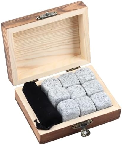 Whiskey Stones Gift Set with 9 Pcs Stones and Box, Reusable Ice Cubes Natural Granite Set Chilling Rocks Stones Beverage Chilling Stones for Drinks Home Bartender Gift for Whiskey Lovers(White)