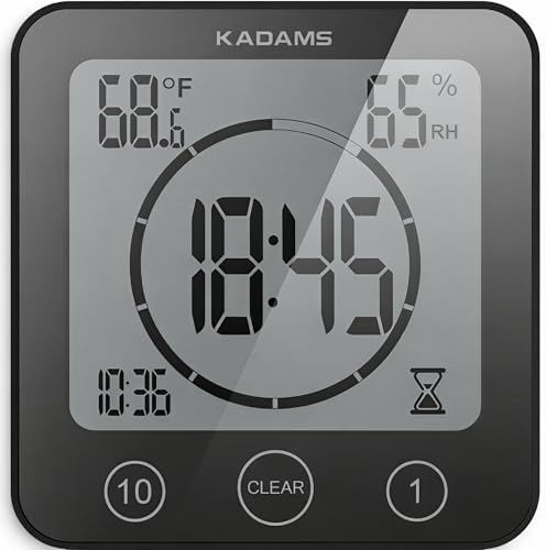 KADAMS Shower Clock Waterproof Bathroom Timer – Digital Wall Clock with Countdown, Magnetic Kitchen Clock with Temperature & Humidity, Suction Cup for Kids Shower Spa Cook Bath (Black)