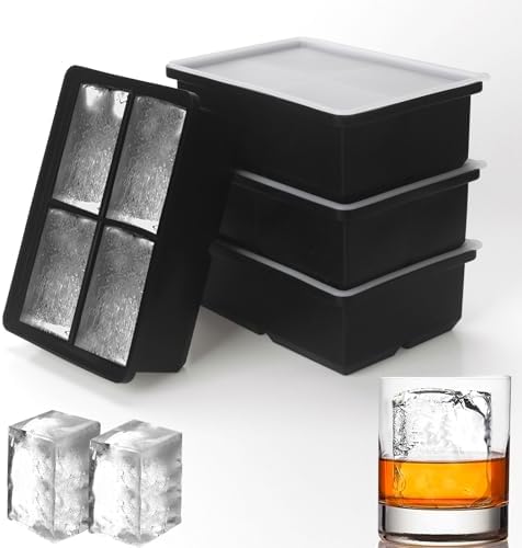 Large Ice Cube Trays for Whiskey: BECOKIT Big Silicone Ice Cube Trays - 3 * 2Inch Square Ice Cubed Tray for Bourbon Whisky and Cocktail - 4Pack Giant Silicon Ice Cube Tray (Black 4 Tray)