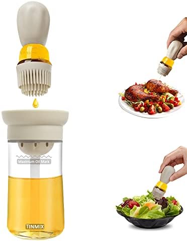 Oil Dispenser Bottle with Silicone Basting Brush - Kitchen Olive Oil Bottle for Cooking Vinegar Sauce BBQ Grill Frying Baking, Kitchen Aid, T-OB21S, Grey