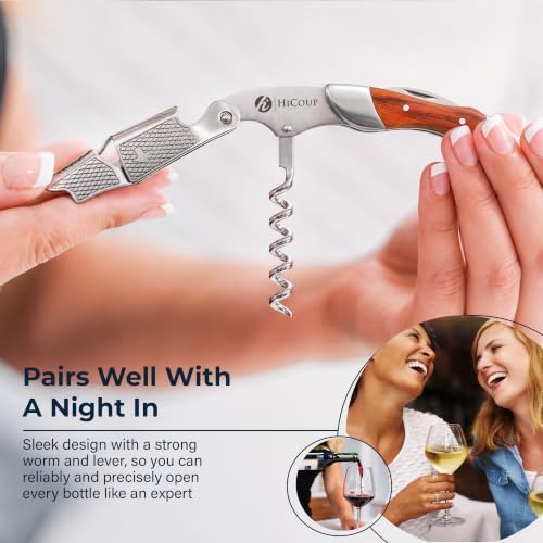 Hicoup Wine Opener - Professional Corkscrews for Wine Bottles w/Foil Cutter and Cap Remover - Manual Wine Key for Servers, Waiters, Bartenders and Home Use - Pakkawood & Steel