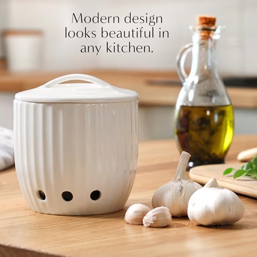 Ceramic Garlic Keeper - Upgraded Packaging! Dishwasher Safe Garlic Holder w/ Lid - Vegetable Storage Keeper w/ Holes for Keeping Veggies Fresh - Modern Countertop Storage Containers for Cooking Lovers