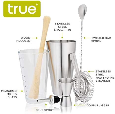 True 7-Piece Barware Set for Mixed Drinks and Cold Brew Cocktails, Includes Boston Cocktail Shaker Tin, Mixing Glass, Jigger, Muddler, Strainer, Bar Spoon, Pour Spout for Home Bar, Bartender Gifts