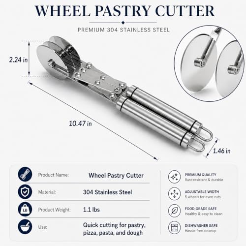 Wheel Adjustable Pasta Cutter with Handle - Stainless Steel Multi-Tool for Baking Pastry, Pizza, Noodles & Pie Crust (3 Roller)