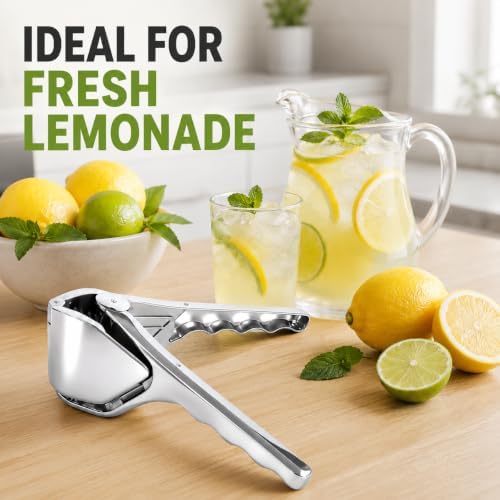 Stainless Steel Lemon Squeezer, Manual Citrus Juicer for Lemon, Lime, Orange and More Fruits, Handheld Fruit Juice Press with Filter, Foldable Kitchen Squeezer for Cooking, Drinks and Cocktails