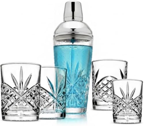 Godinger Martini Shaker Cocktail Shaker with 4 Old Fashioned Whiskey Glasses Barware Set, Dublin Dollection