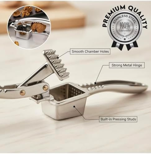 4-in-1 Stainless Steel Finish Garlic Press, Crusher, Mincer, Nut Cracker, Herb Plucker, Bottle Opener, Zinc Alloy Kitchen Tool