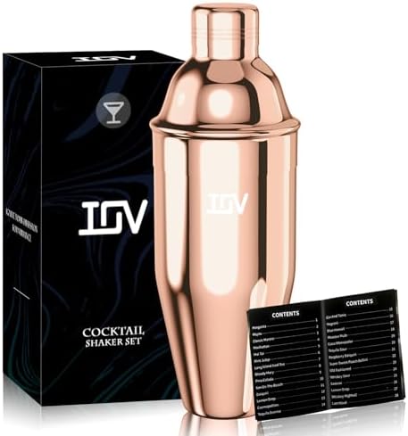 IOV Cocktail Shaker, 24 oz Martini Shaker, Drink Mixer with Built-in Strainer, Professional Stainless Steel Margarita Alcohol Shaker with Cocktail Recipe Guide, Bartender Kit Gifts, Rose Gold