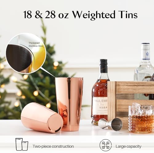 WOTOR Boston Cocktail Shaker Set, 18 oz & 28 oz Stainless Steel Weighted Shaker Tins, Metal Martini Shaker Drink Mixer for Bartending, professional Bar Tools for Bartender （Rosegold） (Pack of 2)