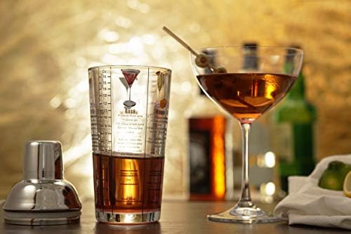 14 oz Recipe Glass Cocktail Shaker With Jigger & Strainer Top - Includes 6 Cocktail Drink Recipes (Wine Theme)