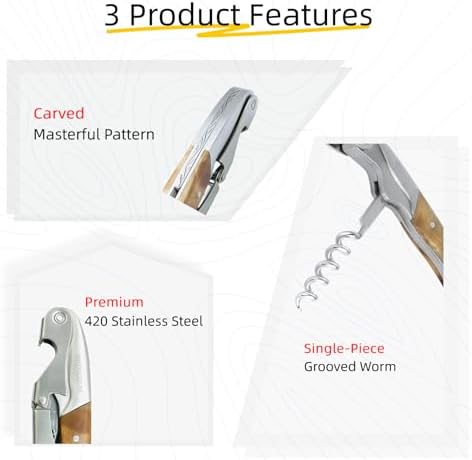 Wine Key & Corkscrew Wine Opener–3-in-1 with Foil Cutter and Bottle Opener, Professional Double Hinged Waiter's Corkscrew for Servers and Bartenders
