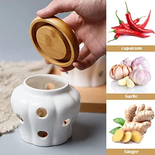 DOERDO White Ceramic Garlic Keeper Jar Container for Food Storage with Lid, Garlic and Ginger Storage Container, 5.1" x 4.3"
