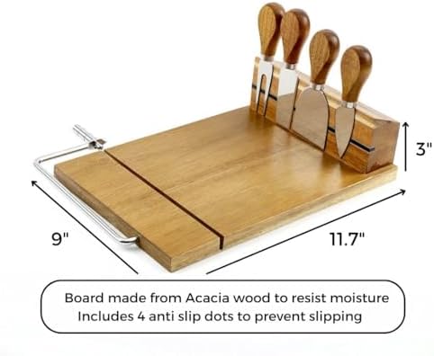 Cheese Slicer (11.7” x 9” x 3”) - Acacia Wood Board Cheese Cutter with Wire - 4 Magnetic Cheese Knife Set w/ Anti-Slip Board - Stainless Steel Cheese Slicers for Block Cheese w/ Replacement Wire