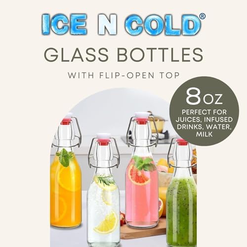 ICE N COLD Glass Swing Top Bottles | Flip Top Glass Bottles for Limoncello, Syrups, Oils, Vinegar, Extracts & Beverages | Airtight Reusable Glass Bottles (24-Pack, MEDIUM (250ml | 8.5oz))