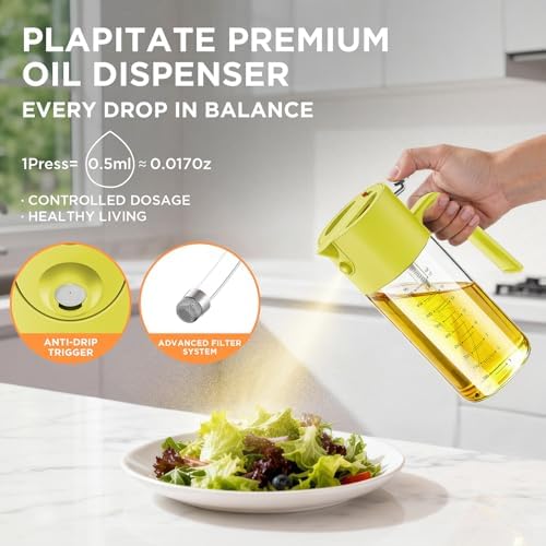 PLAPITATE 17oz/500ml Premium Olive Oil Sprayer for Cooking, 2 in 1 Glass Olive Oil Dispenser Bottle for Kitchen Gadgets, Spray Bottle with Portion Control for Salad, Frying, BBQ (Lime Yellow)