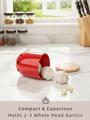 LEETOYI Ceramic Garlic Keeper for Counter, Garlic Holder with Wood Lid (Red)