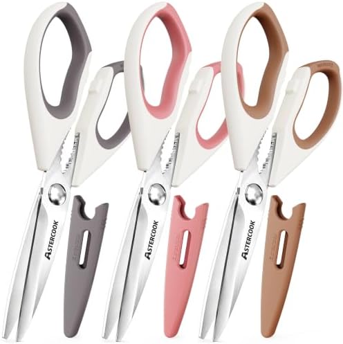 Astercook Kitchen Scissors 3 Pack, Heavy Duty All Purpose Kitchen Shears for Food and Packaging, Stainless Steel Food Scissors for Meat, Poultry, Herbs and Vegetables, Dishwasher Safe