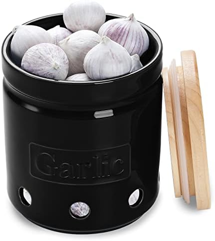 ONTUBE Ceramic Garlic Keeper with Wooden Lid, 4.5-Inch 24oz (Black)