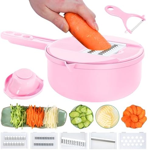 Generic 7-in-1 Multipurpose Pink Mandoline Slicer; Food Chopper; Vegetable Cutter (Pink, 11 x 6.7 x 3.34 inches, Polypropylene, Stainless Steel Blade)